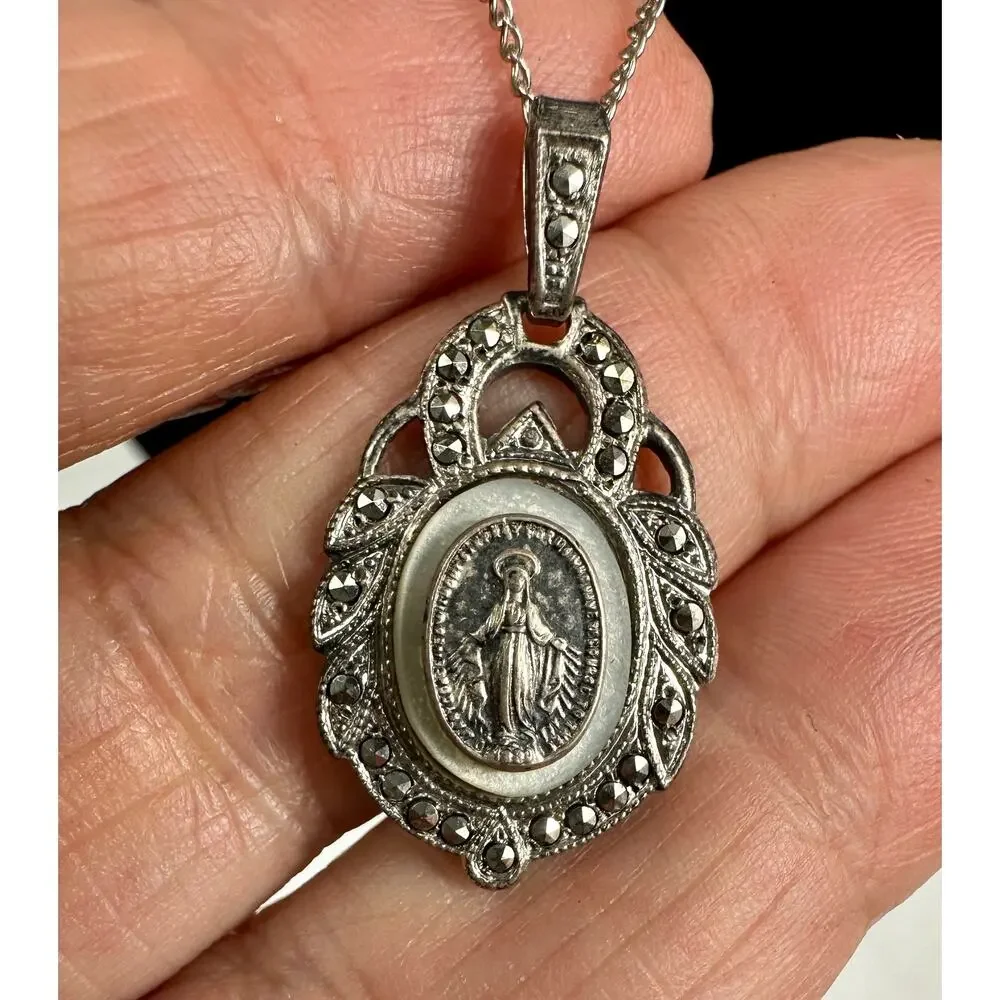 Vintage Marvel Sterling Silver Miraculous Medal Necklace Marcasite Pendant 16